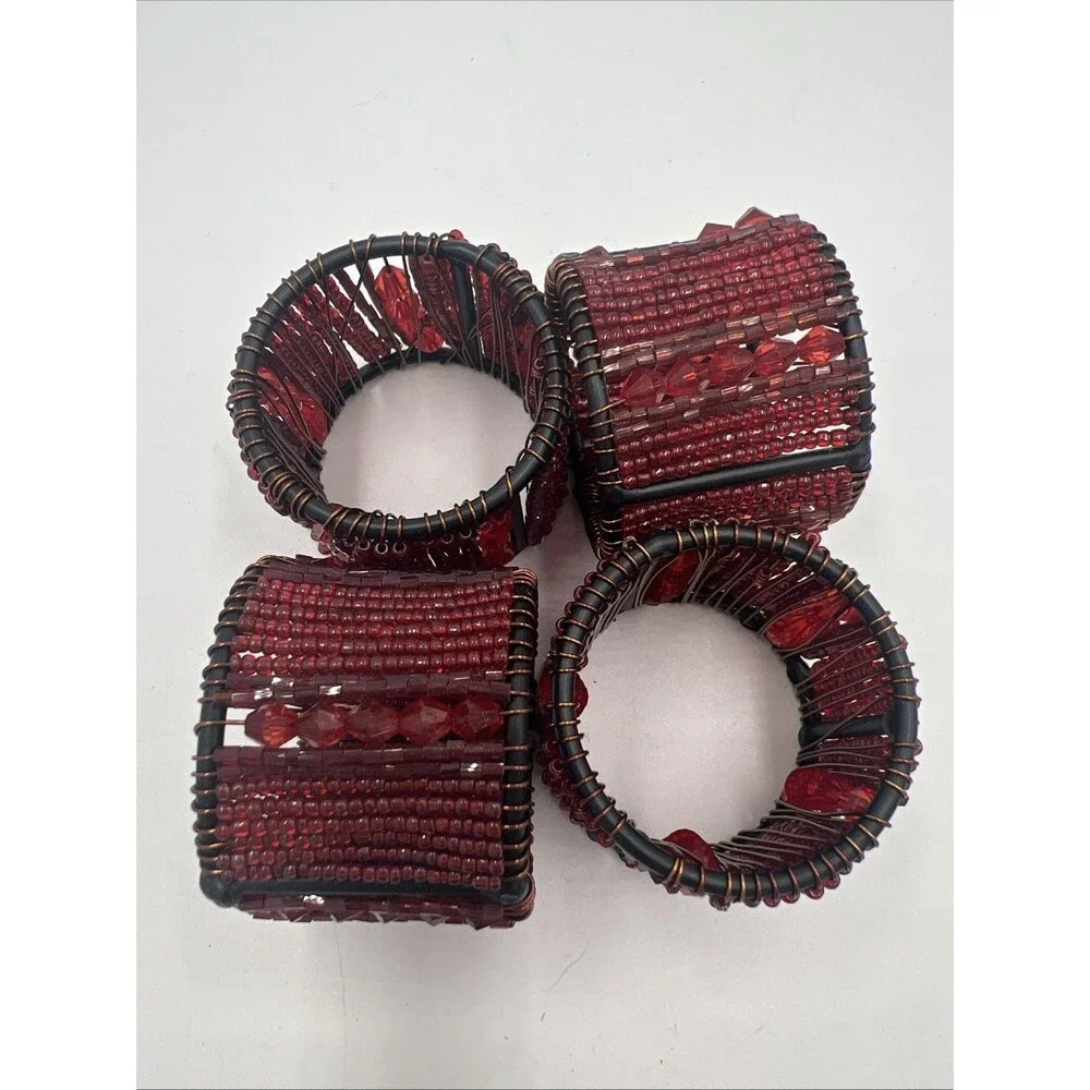 Pier 1 Napkin Rings Jeweled Tone Christmas Valentines Moroccan Red Beaded Set 4